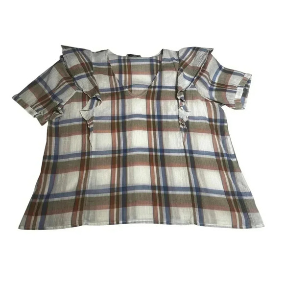 Madewell V-Neck Shoulder-Ruffle Top XL Plaid Cotton Lightweight Summer - Picture 9 of 12